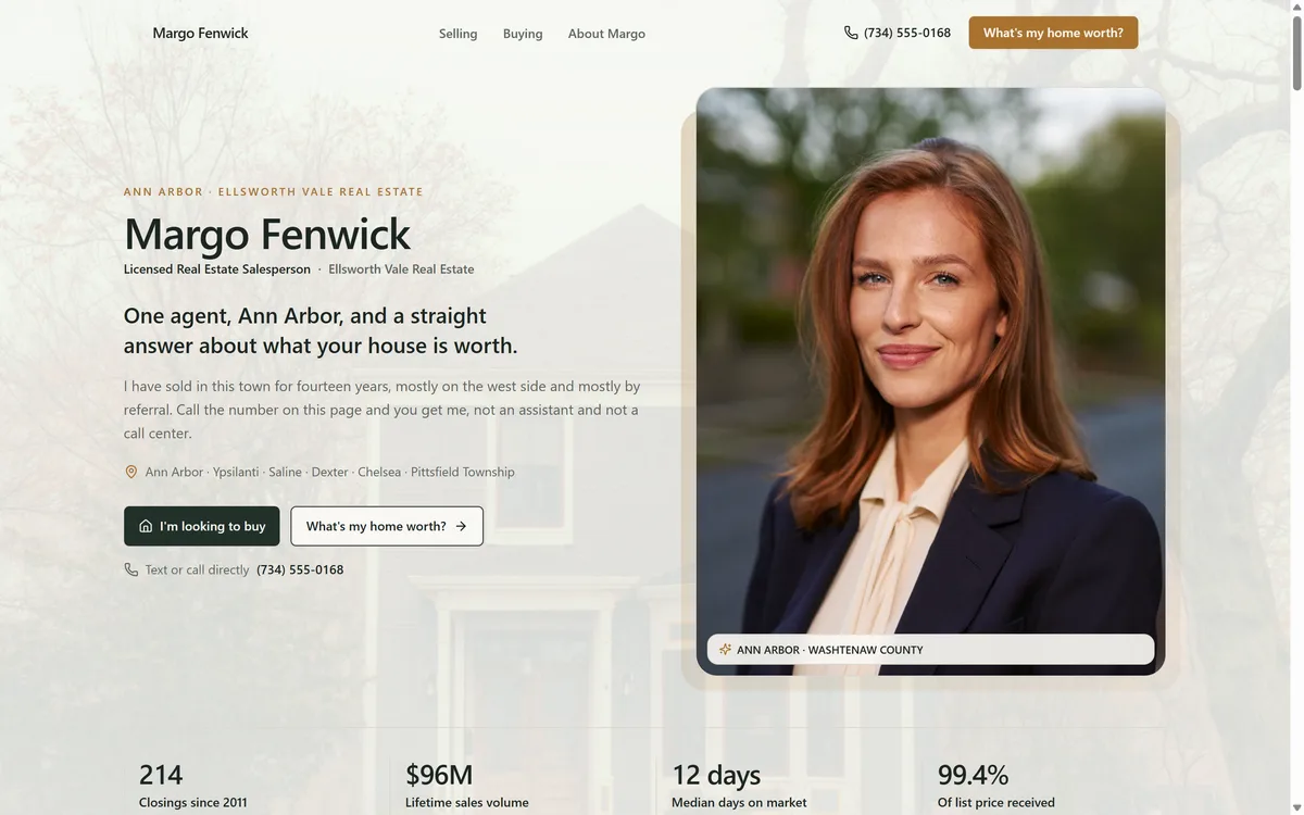 Real estate agent site: hero with the agent's portrait and sales record
