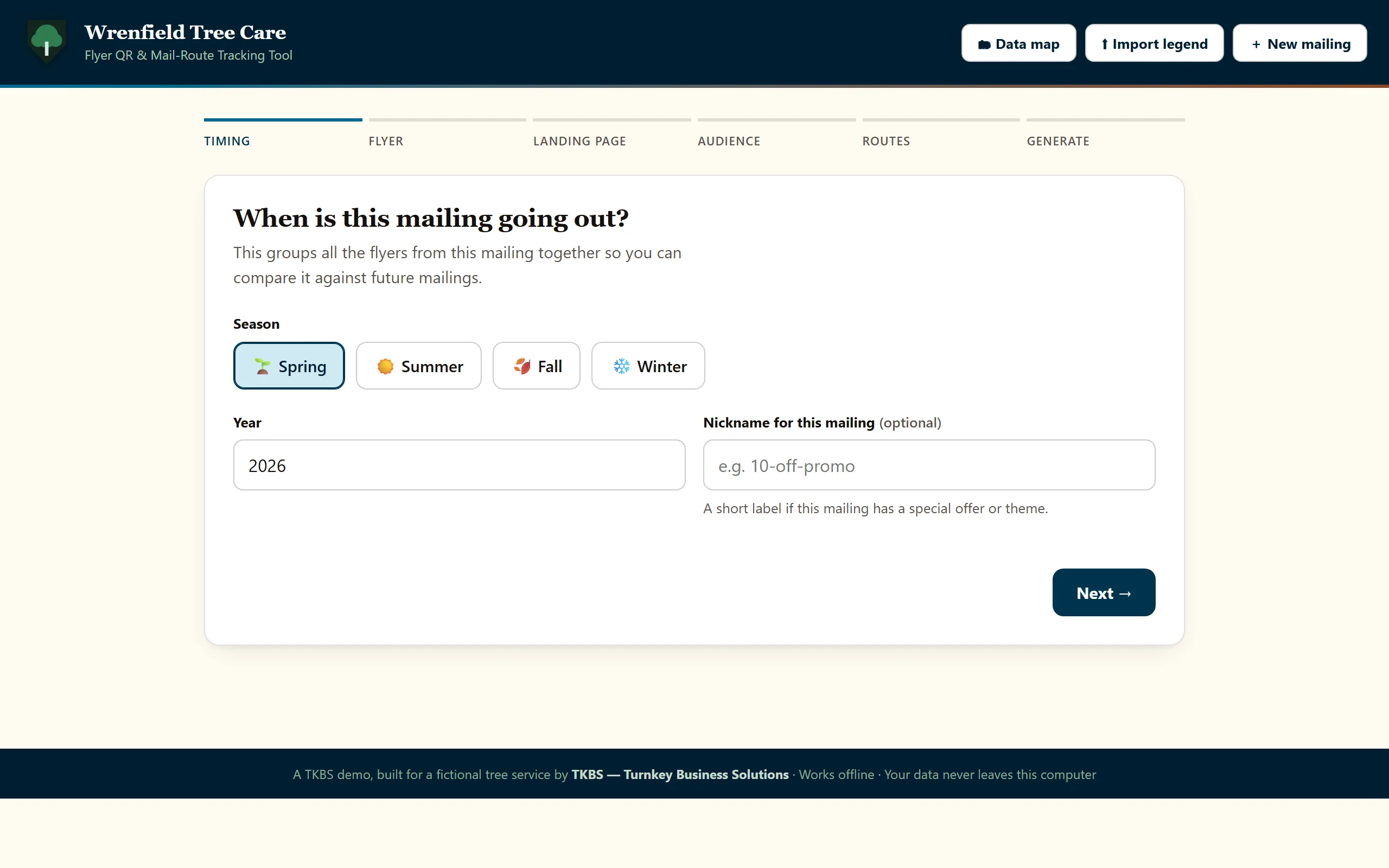 The direct-mail tracker: the new-mailing wizard, starting with the season and year