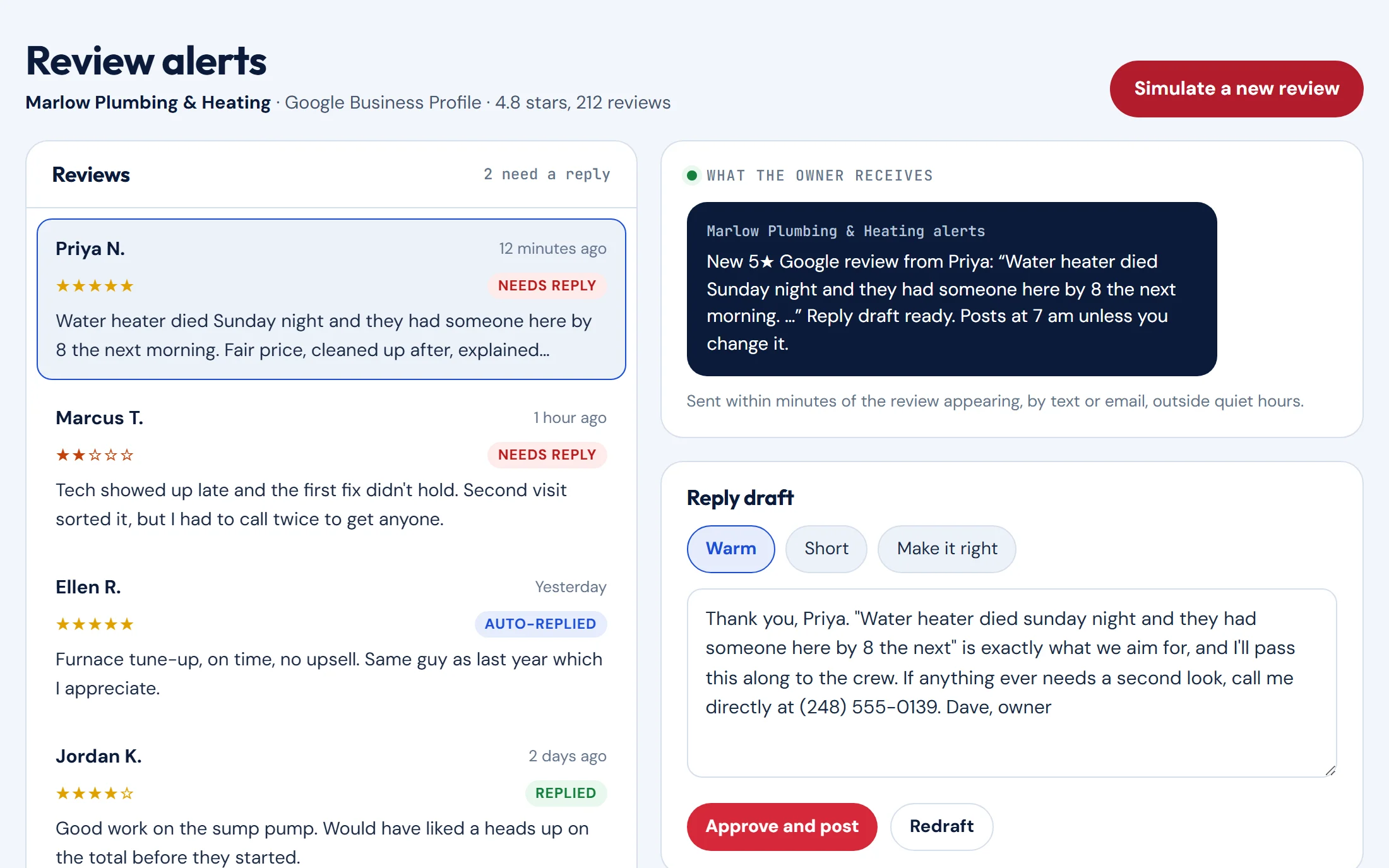 The review alerts demo: a list of Google reviews, the text the owner receives, and a drafted reply