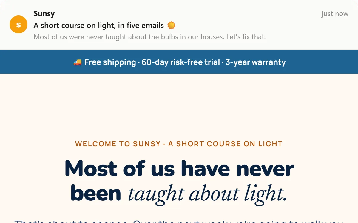 The first Sunsy welcome email, desktop view