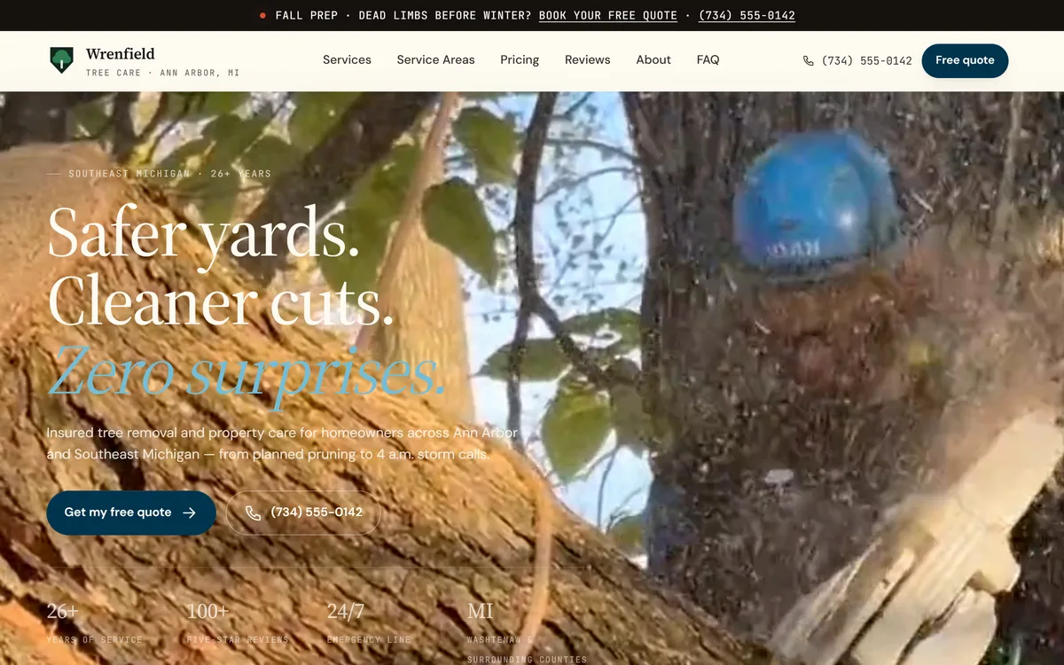 Tree service site: video hero with a free-quote call to action